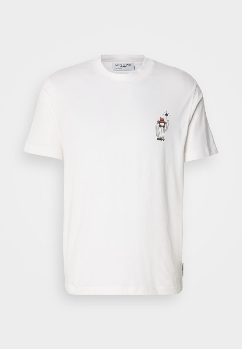 Weiße Baumwoll-T-Shirt mit kurzen Ärmeln, versehen mit einem bunten Kaktus-Design und Text auf der linken Brustseite. Reguläre Passform, Rundhalsausschnitt.