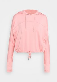 Sweat à capuche court rose en tissu doux, doté d'une capuche avec cordon de serrage, de manches longues et d'ourlets à revers avec une taille cintrée.