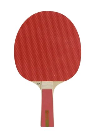 Racchetta da ping pong con superficie in gomma rossa e manico in legno con striscia rossa e oro, isolata su sfondo bianco.