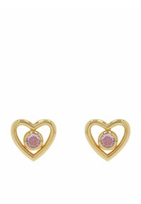 Orecchini a forma di cuore in oro con una sottile sagoma e una pietra centrale rosa. Texture liscia, design minimalista, adatti per un look casual o formale.