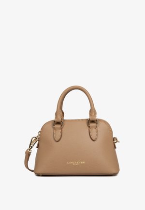 Beige leather handbag with a textured finish, dual short handles, and removable shoulder strap. Features gold hardware and logo detail.