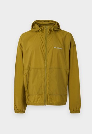 Chaqueta rompevientos ligera Columbia de color verde oliva con cremallera frontal, capucha, puños elásticos y dos bolsillos delanteros.