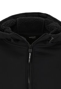 Zwarte zip-up hoodie met een fleece-gevoerde binnenkant, voorzien van een staande kraag en een verstelbare trekkoord voor een nauwsluitende pasvorm.