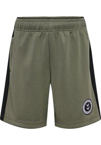 Gröna sportshorts med elastisk midjeband, svarta mesh-sidopaneler och en cirkulär logotyp på den nedre framsidan.