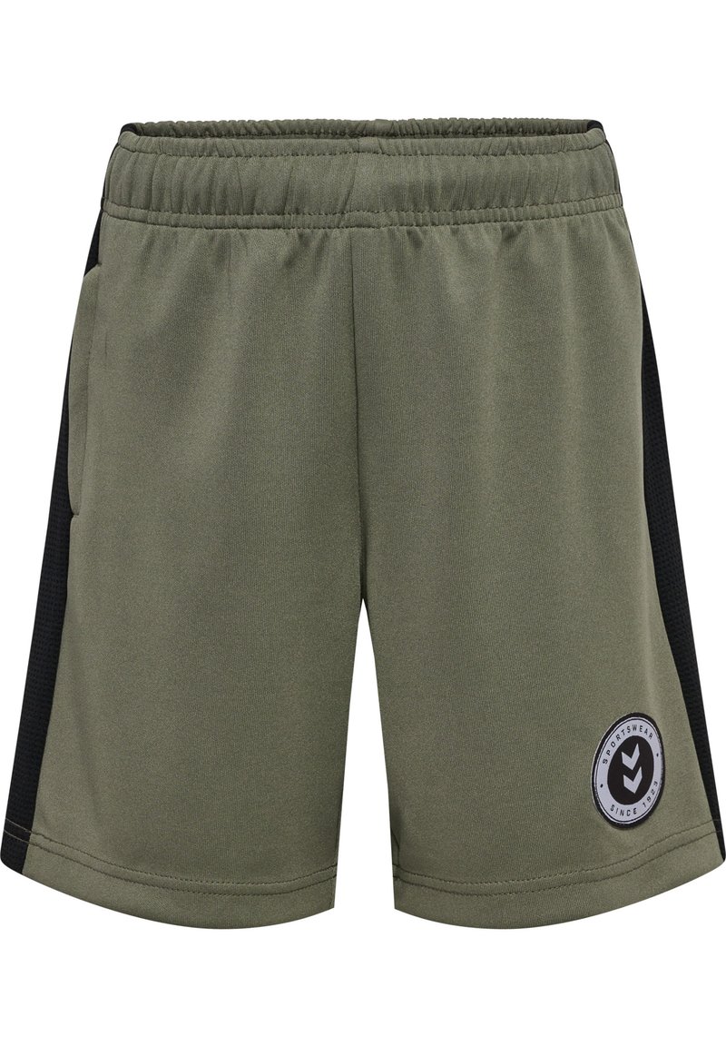 Gröna sportshorts med elastisk midjeband, svarta mesh-sidopaneler och en cirkulär logotyp på den nedre framsidan.