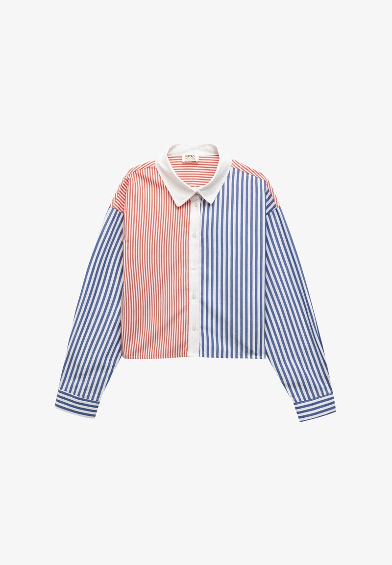 Afklippet skjorte med knapper i røde og blå lodrette striber, kontrasterende hvid krave og lange ærmer med stribede manchetter. Udført i bomuldsmateriale.