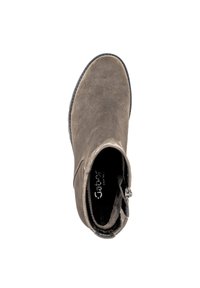 Brown suede ankle boot with rounded toe, inner zipper, and black sole, shown from top view on white background.