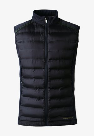 Black padded vest with a high collar, front zipper, and a subtle green accent on the shoulders. Features a smooth texture and logo detail.