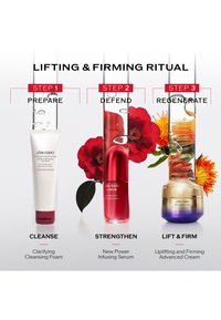Rituel de soins liftant et raffermissant Shiseido : nettoyer avec une mousse, renforcer avec un sérum, et lifter avec une crème avancée, chaque étape accompagnée de fleurs.