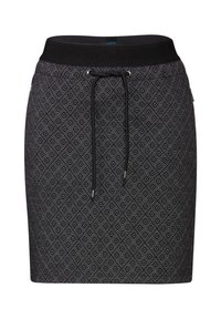 Svart mönstrad kjol med diamantmönster, elastisk midjeband med snörning och fickor med dragkedja på sidan. Slät textur.