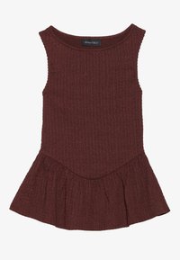 Burgundijas peplum tops, kas izgatavots no ribotu audumu. Ar apaļu kakla izgriezumu un izplestu apakšmala. Gluda tekstūra ar pieguļošu augšdaļu.