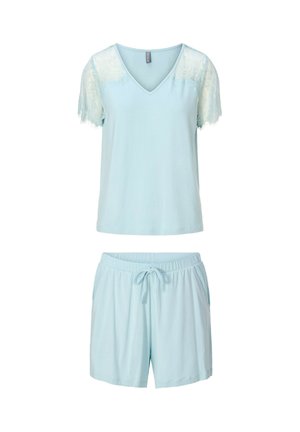 Svetlomodrá dámska pyžamová súprava s krátkym rukávom s čipkovaným výstrihom do V a šortkami s elastickým pásom a sťahovacou šnúrkou.