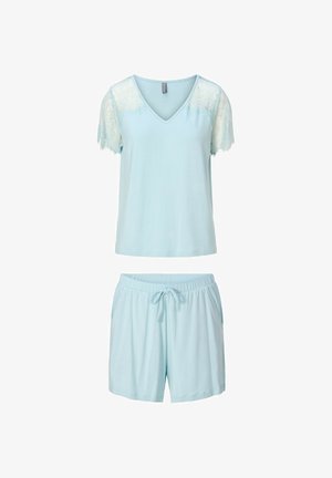 Lichtblauw dames pyjama set met V-hals kanten top met korte mouwen en shorts met elastische tailleband en trekkoord.
