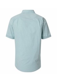 Koszula krótki rękaw w jasnoniebieskim materiale z geometrycznym wzorem w ciemniejszym niebieskim kolorze. Klasyczny kołnierzyk i prosty dół z detalami w okolicy pleców.