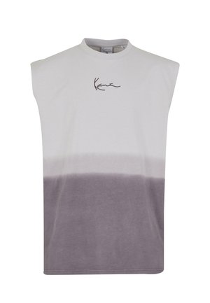 Ærmeløs t-shirt i lys grå med en mørkegrå ombre-effekt, prydet med et signaturlogo i brun på fronten. Fremstillet af blødt bomuld.