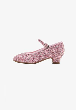 Rosa Glitzer-Mary-Jane-Schuhe mit einer abgerundeten Spitze, einem Knöchelriemen und einem niedrigen Absatz. Das Obermaterial ist mit schimmerndem Glitzer verziert und hat eine glatte Fütterung.