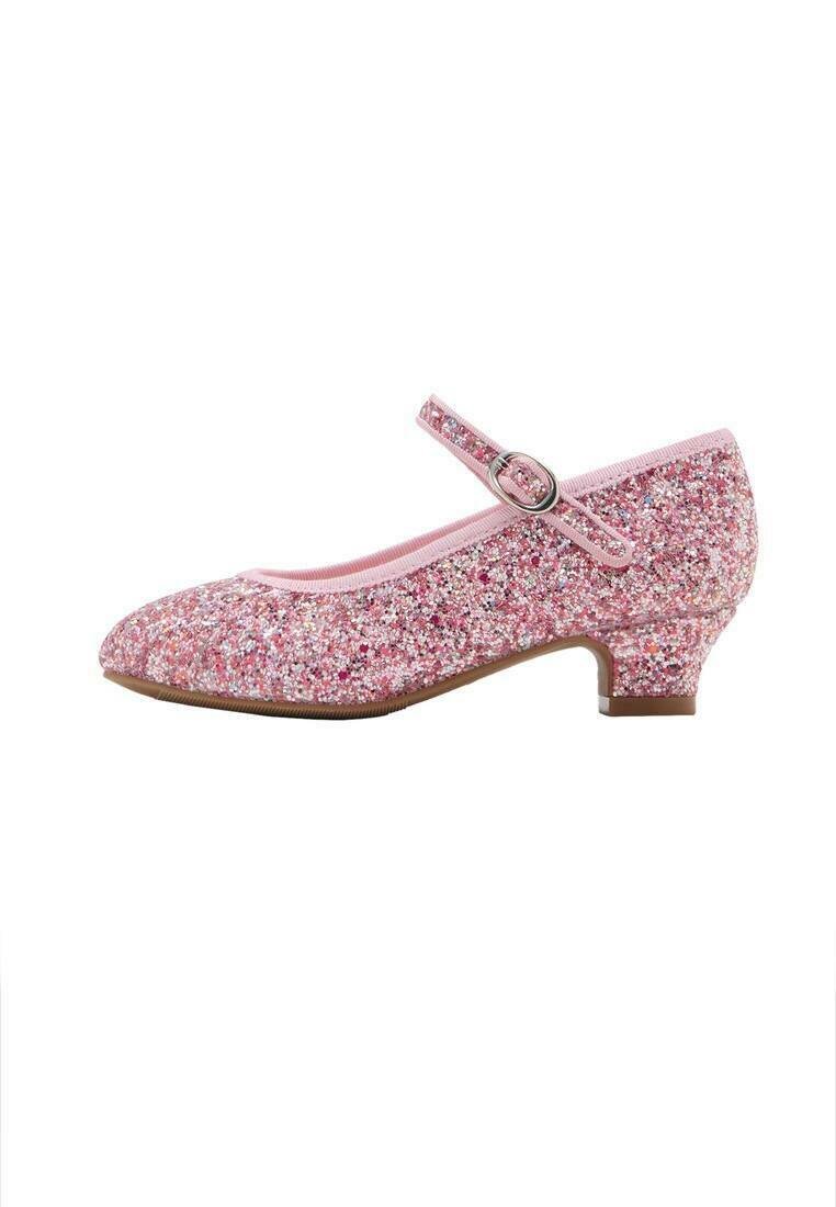 Zapato Mary Jane de purpurina rosa con puntera redonda, correa alrededor del tobillo y un tacón bajo. La parte superior está adornada con purpurina brillante y tiene un forro suave.