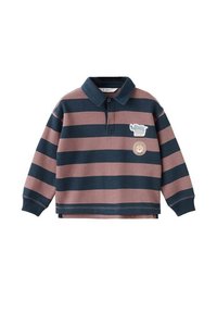 Polo à manches longues avec de larges rayures horizontales bleu marine et rose poussiéreux, présentant des patchs d'animaux sur la poitrine et des poignets côtelés.