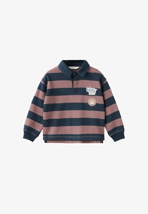 Langærmet polo skjorte med brede vandrette navy og støvet rosa striber, prydet med dyrepatches på brystet og ribstrikkede manchetter.