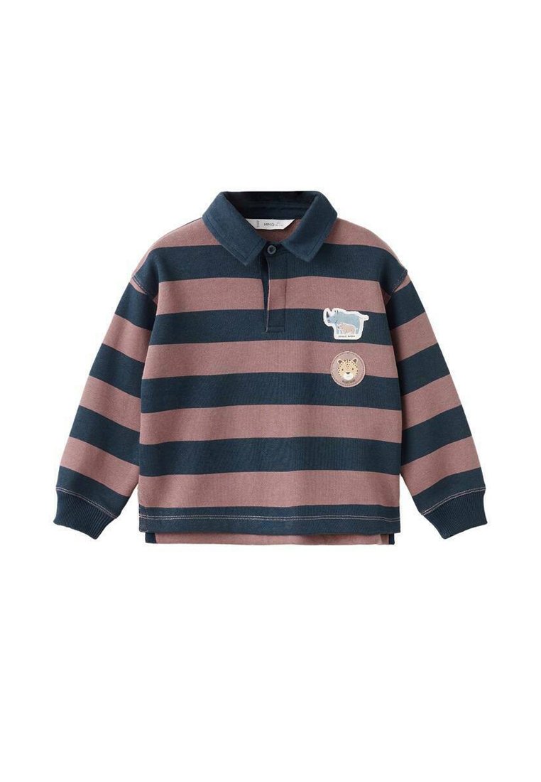 Polo à manches longues avec de larges rayures horizontales bleu marine et rose poussiéreux, présentant des patchs d'animaux sur la poitrine et des poignets côtelés.