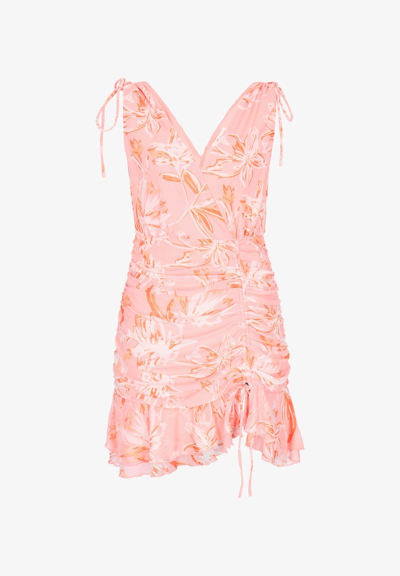 Robe mini rose à fleurs sans manches avec col en V, bretelles ajustables à nouer aux épaules, jupe froncée et ourlet à volants asymétrique.