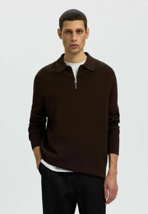 Homme aux cheveux courts et foncés portant un pull marron foncé à manches longues avec col zippé sur une chemise blanche, debout devant un fond clair uni.