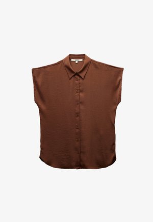 Chemise sans manches marron avec un col pointu et des épaules larges, présentée sur un fond blanc.