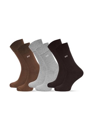 Cztery pary skarpetek w kolorach brązowym, szarym i czarnym. Każda z nich ma ściągacz i małe logo z boku. Wykonane z miękkiego materiału.