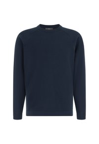 Pull bleu marine à manches longues avec col rond, col, poignets et ourlet côtelés, présenté sur un fond blanc.