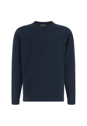 Granatowy sweter z długim rękawem, okrągłym dekoltem oraz prążkowanym kołnierzem, mankietami i dołem, przedstawiony na białym tle.