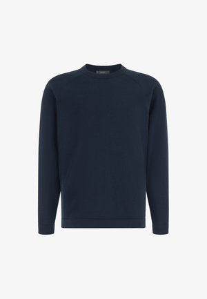 Laivastonsininen pitkähihaisen neulepuseron pyöreä pääntie, jossa on resorit kauluksessa, hihansuissa ja helmassa, valkoisella taustalla.