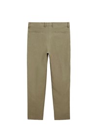 Pantaloni khaki con vestibilità dritta, realizzati in tessuto leggero. Presentano due tasche posteriori e una texture liscia. Design sartoriale e linee pulite.