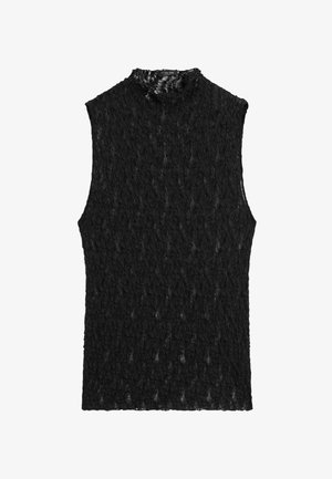 Czarny bezrękawnik wykonany z teksturowanej koronki, z wysokim kołnierzem i dopasowanym krojem o przezroczystym wyglądzie.