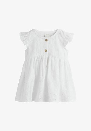 White baby dress with short ruffle sleeves, eyelet pattern, and two round wooden buttons at the front, featuring a gathered waist.