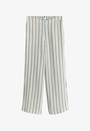 Białe spodnie o szerokich nogawkach z pionowymi brązowymi i szarymi paskami oraz elastycznym pasem.