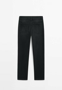 Jean en denim noir avec une coupe droite, doté de deux poches arrière et d'une ceinture standard. Texture lisse et couleur uniforme.
