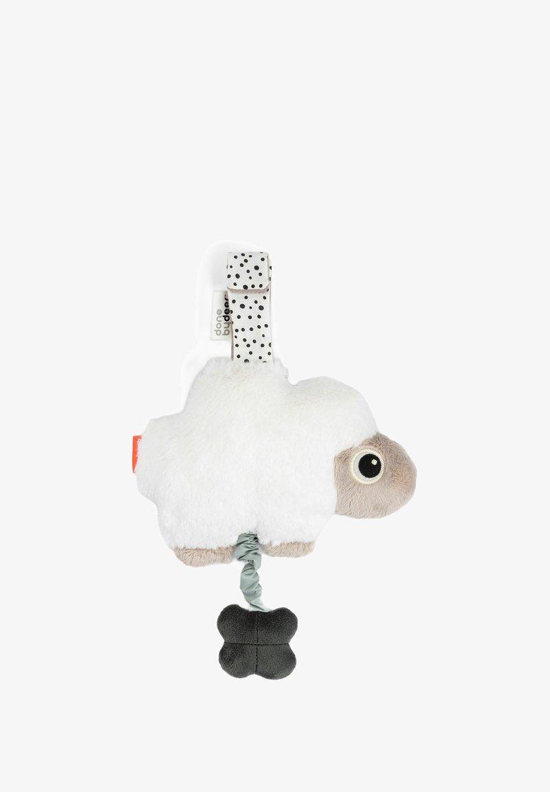 Plush sheep-shaped toy with white fluffy fur, grey accents, large round eyes, and a black bone-shaped teether attached by a patterned strap.