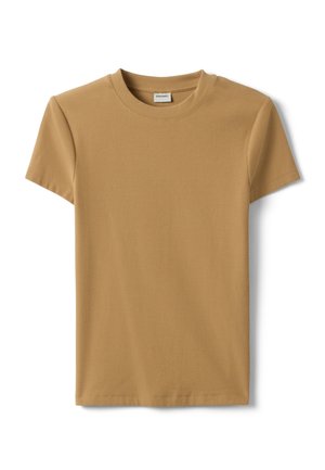 Kurzärmliges, geripptes T-Shirt in Kamelbraun mit rundem Ausschnitt, flach liegend, zeigt Vorderseite und Markenetikett im Kragen.