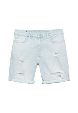 Vaaleansiniset farkkushortsit käännetyin resorein ja kuluneilla repeämillä etureisissä, joissa on etutaskut ja nappikiinnitys.