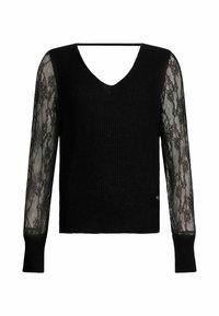 Maglione nero con scollo a V, corpo lavorato a maglia e maniche lunghe in pizzo trasparente. Presenta un design aderente con polsini a coste e un piccolo logo decorativo.