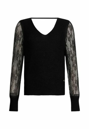 Crna čarapa s V izrezom, pletenim tijelom i dugim, prozirnim čipkastim rukavima. Ima prilagođeni dizajn s rebrastim manžetama i malim logotipom.