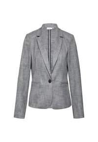 Grijze blazer van een gestructureerde stof, met een enkele knoopsluiting, piekerige revers en twee voorke pocket. Op maat gemaakte snit met lange mouwen.