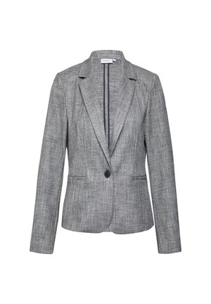 Gray blazer with a textured fabric, single button closure, peaked lapels, and two front pockets. Tailored design with long sleeves.