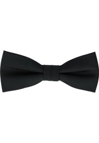 Schwarze Fliege aus glattem Stoff, mit klassischer Form und zentralem Knoten. Das Design ist einfach und ohne Muster oder Verzierungen.