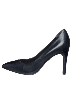 Sort læder højhælet sko med spids tå, glat tekstur og en slank stilettohæl. Designet har en lavskåret vrist.