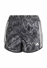 Mustat ja harmaat käärmeennahkakuosiset juoksushortsit, joissa on joustava vyötärö, johon on kirjailtu sana "JUOKSU" ja valkoiset sivusuorat.