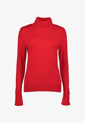 Roter Rollkragenpullover aus gestricktem Stoff, mit langen Ärmeln und gerippten Bündchen sowie metallischen Knopfakzenten. Glatte Textur über die gesamte Fläche.