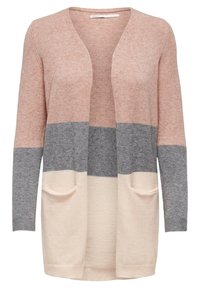 Cardigan long, ouvert sur le devant avec des manches longues, présentant trois blocs de couleur horizontaux en rose, gris et beige avec deux poches à l'avant.