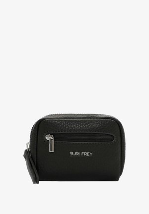 Schwarze Leder-Münztasche mit strukturierter Oberfläche, Reißverschluss, Vorderfach und silbernem Hardware. Mit Logodetail auf der Vorderseite.