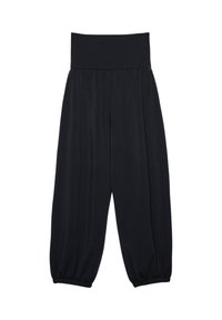 Sorte, løstsiddende bukser med bred, elastisk talje, tilspidsede manchetter og glat stofstruktur. Designet til komfort og bevægelsesfrihed.